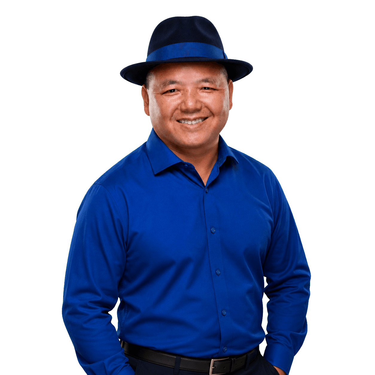 Abraham Xiong wearing a royal-blue shirt and fedora