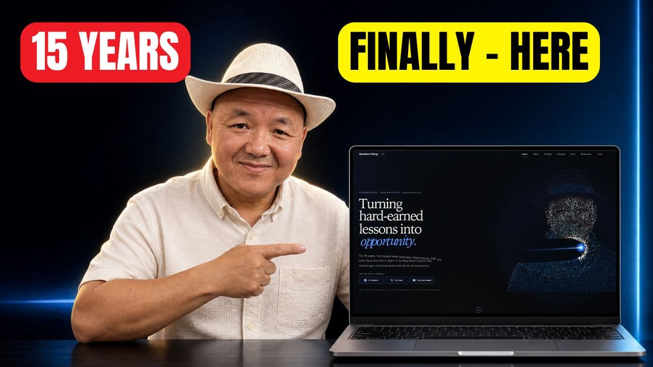 Abraham Xiong points to his newly built personal website beside the words 15 Years and Finally Here