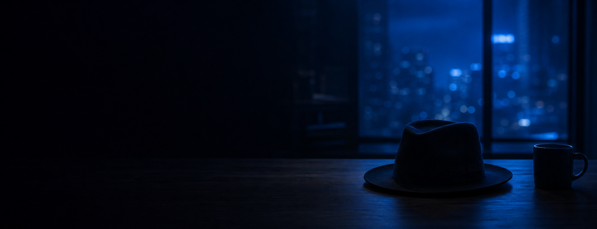 A black fedora and coffee mug on a desk lit by a deep blue nighttime window